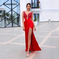 romantic a line red satin evening dress v neck with appliques long prom party gowns formal party invite for women leg slit 2022