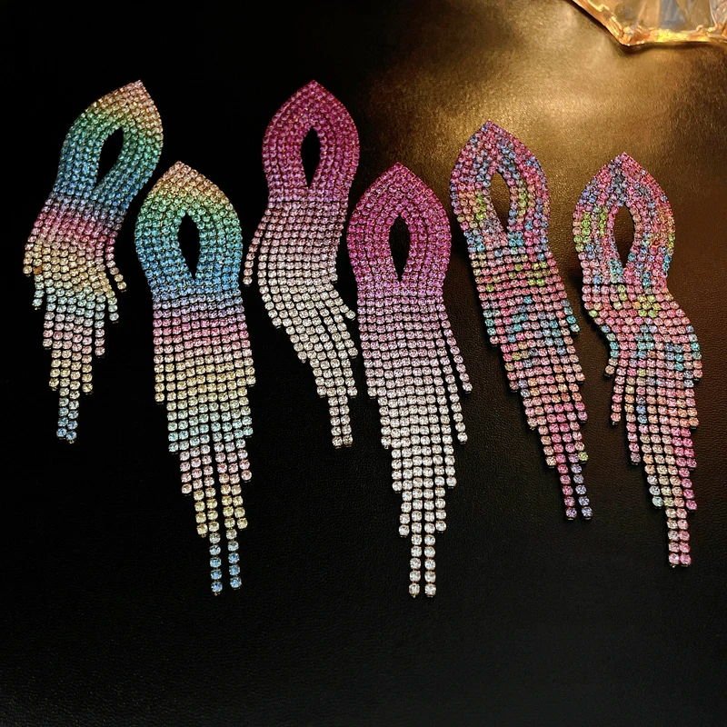 

DREJEW Long Tassel Earrings For Women Shiny Colorful Rhinestone Crystal Hanging Earring Statement Jewelry For Party Wedding