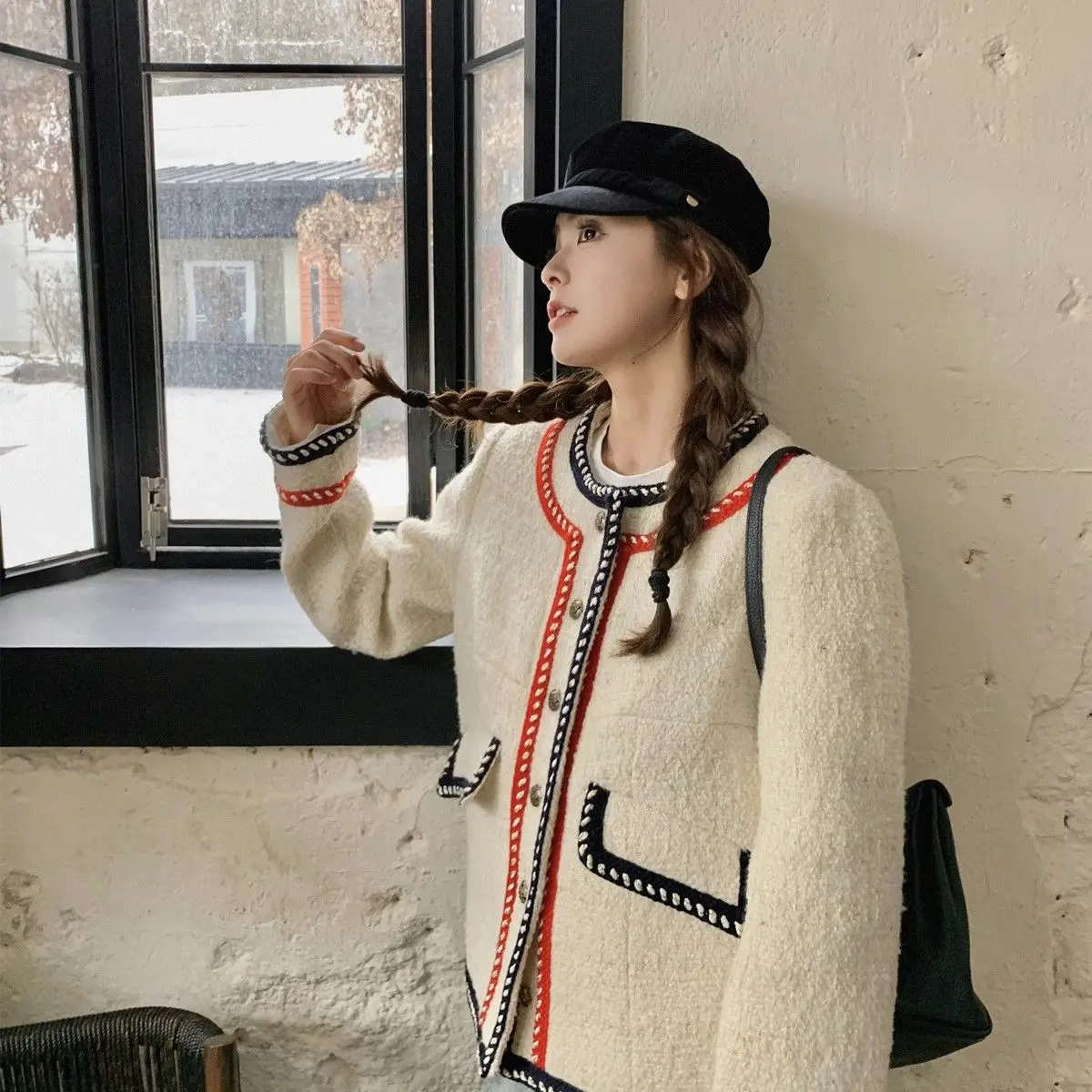 Gaganight Women Coarse Tweed Jacket 2024 Spring New Loose Temperament Retro Top Stylish Contrasting Colors Short Female