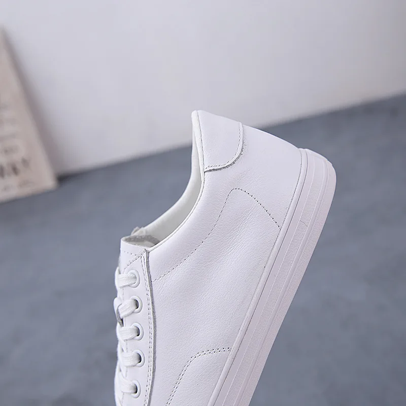 New Cowhide Shoes Women's Simple Leather Casual Lace Up Shoes Fashion Loafers Lolita White Tenis De Mujer