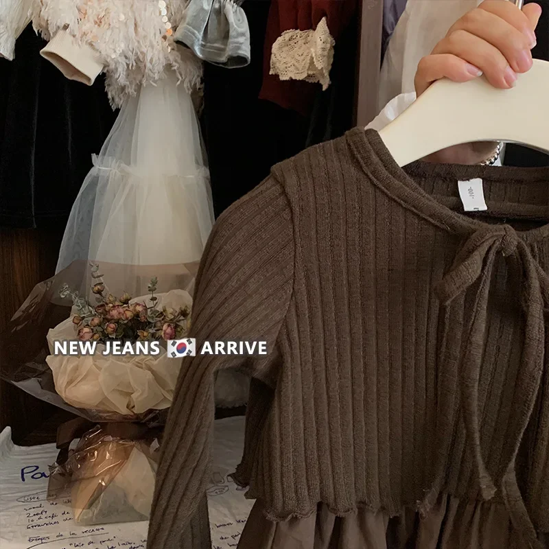 Новинка 2023 корейское платье для маленьких девочек лоскутное + вязаное пальто