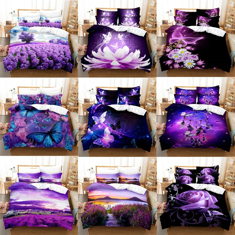 Purple Bedding Set Linens Duvet Cover Bed Quilt Pillow Case 3D Comforter Lavender Butterfly Double Full King Queen Twin Single