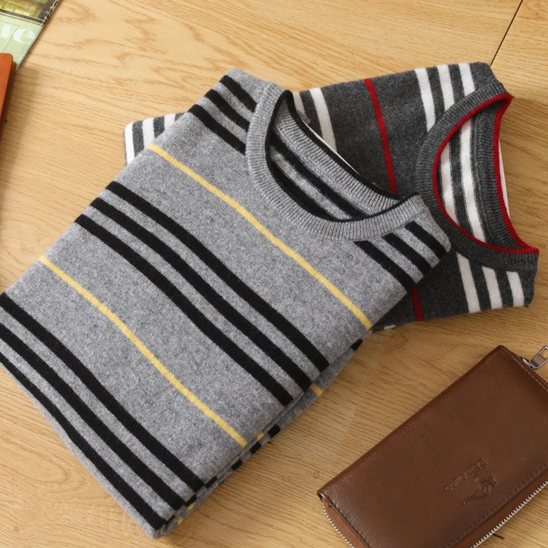 100% pure wool sweater men's round neck pullover spring and autumn new knitted striped cashmere sweater