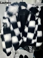 Lautaro Winter Oversized Black and White Checkered Faux Fur Coat Women Zipper Long Sleeve Thick Warm Fluffy Jacket Fashion 2022
