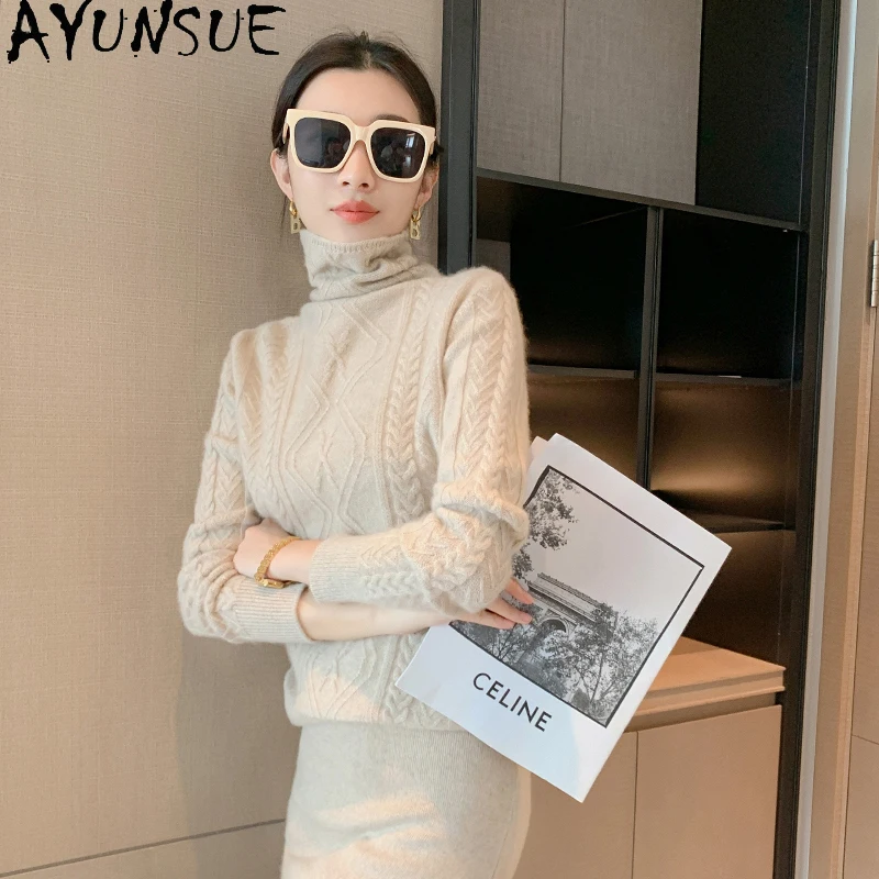 AYUNSUE 2021 Autumn Winter Basic White Woolen Sweaters Korean Fashion Jumper Elegant Ladies Pullover Cachemire 100% Femme Gmm915