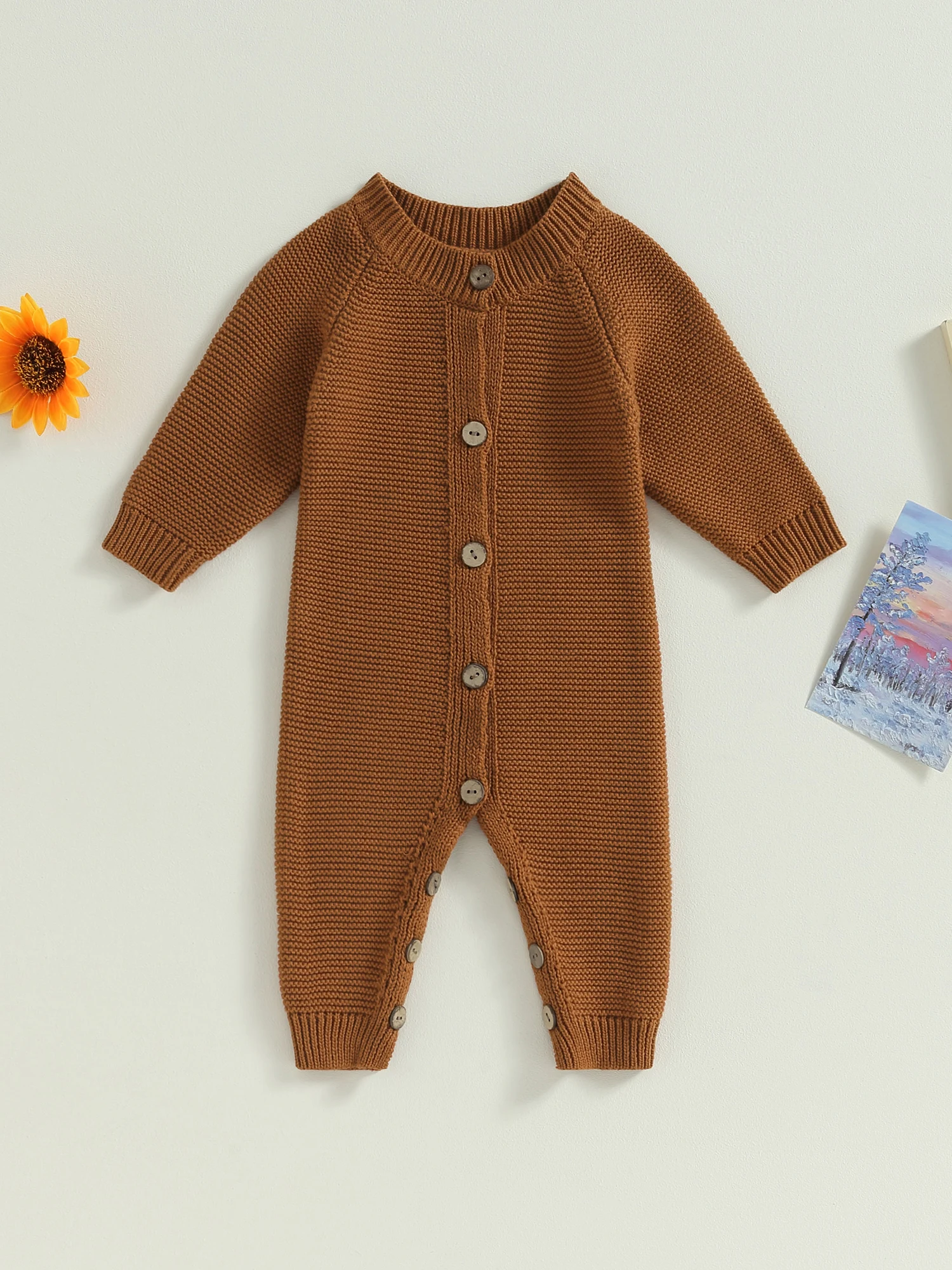 

Adorable Unisex Infant Autumn Overalls Stylish Long Sleeve Round Neck Solid Color Button-Up Pajamas