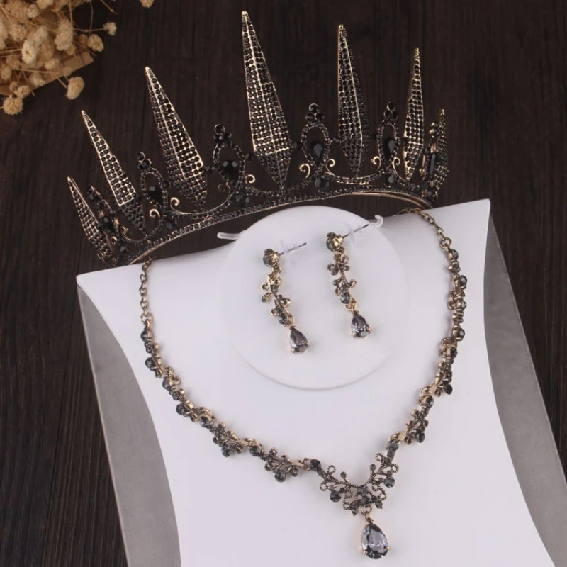 

Baroque Vintage Black Geometric Crystal Bridal Jewelry Sets Rhinestone Crown Tiaras Necklace Earrings Wedding Dubai Jewelry Set