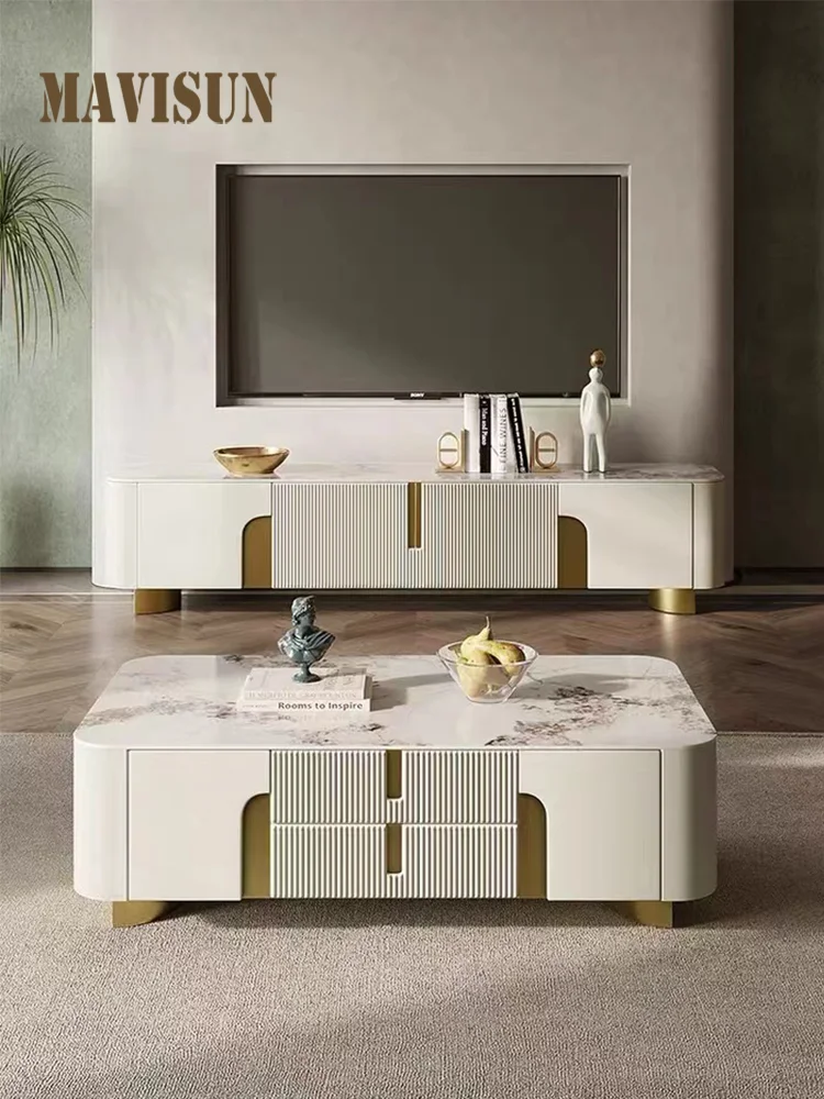 

Light Luxury TV Cabinet For Living Room Rectangle Center Tables White Display Sideboard With Drawers Glass Round Coffee Table