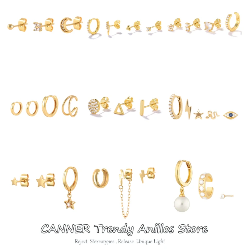 

Canner 18k Silver Plated Women's Earrings Set Pearl Huggies Earrings For Women Jewelry Geometric Crystal Stars Studs Earrings