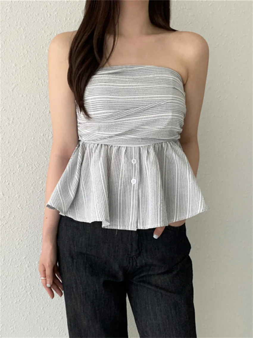 Женская приталенная Майка в полоску без рукавов с открытыми плечами