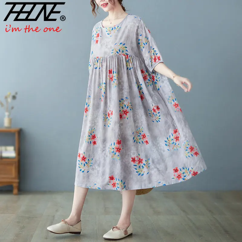 

Женское Хлопковое платье с цветочным принтом, повседневное свободное винтажное платье большого размера в пляжном стиле, модель 2023 в Корейс...
