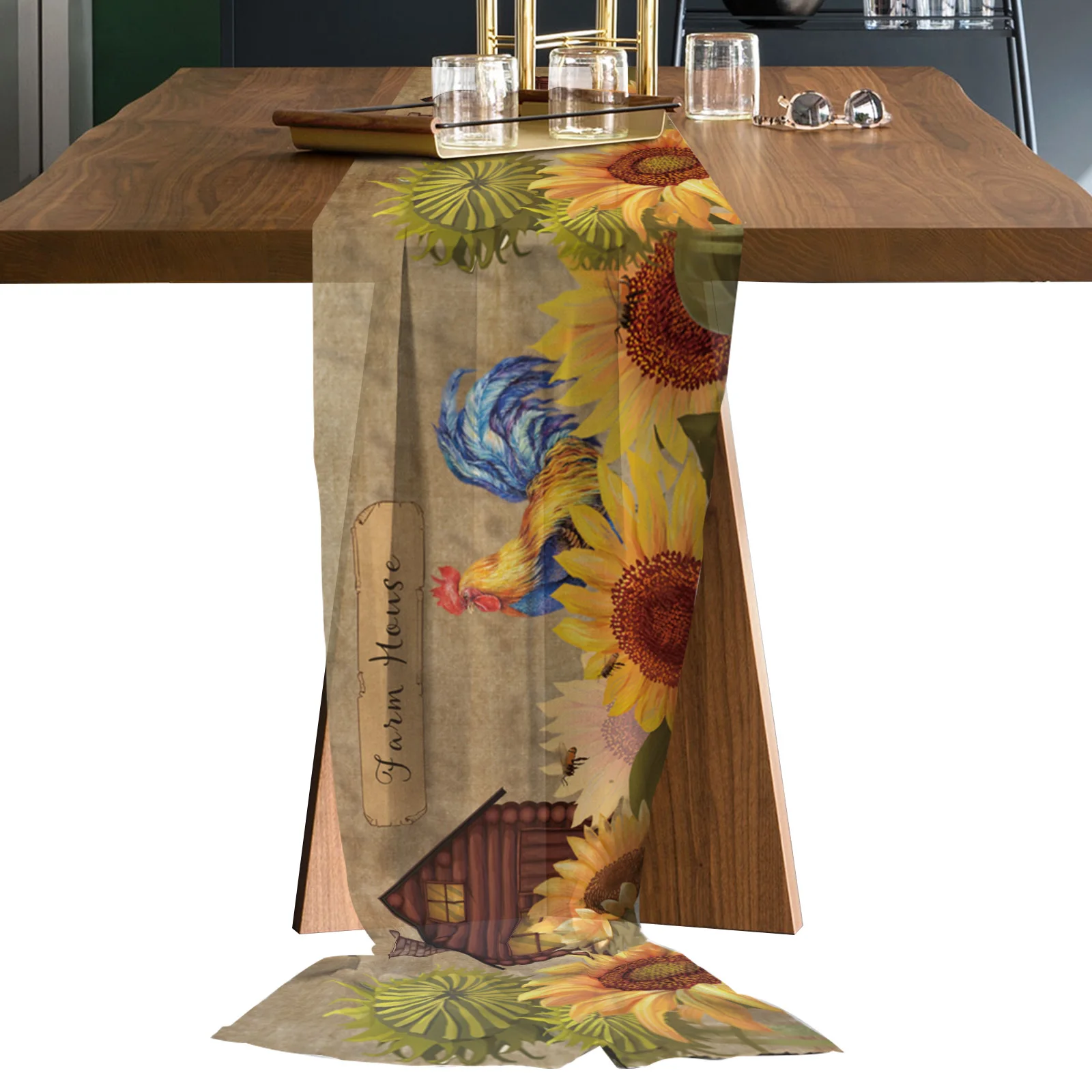 

Farm Sunflower Rooster Barn Long Chiffon Voile Table Runner Printed Tablecloth for Wedding Coffee Table Sheer Table Runner