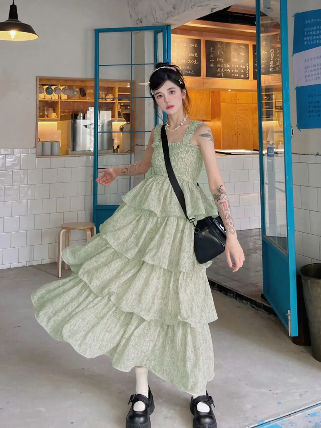 Gaganight женское милое зеленое платье с цветочным принтом 2024 летнее новое