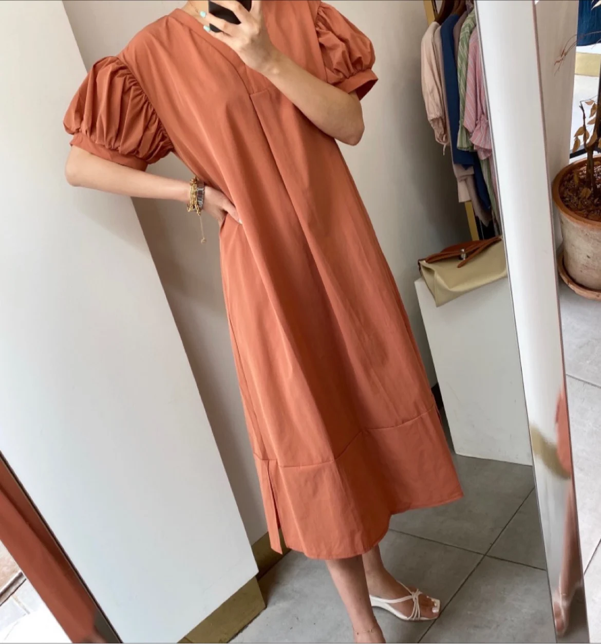 

SuperAen 2022 Summer Retro Solid Simple Slim O-Neck Puff Sleeve A-LINE Mid-Calf Dresses for Women