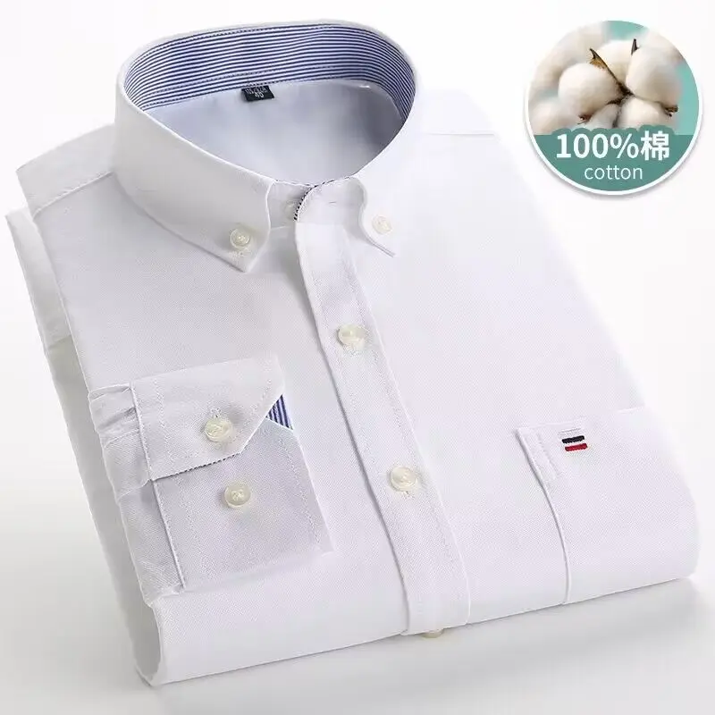 Four Seasons New Men's Shirt 100% Cotton Plaid Solid Color Comfortable Oxford Spinning Long Sleeve Casual Business Slim Shirt