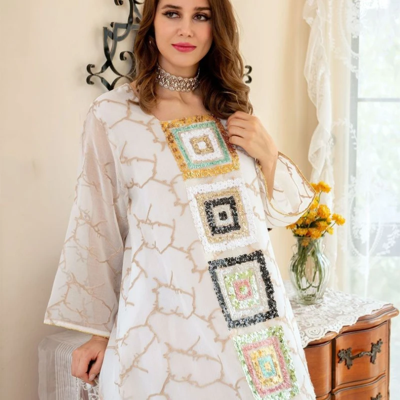

White Abayas For Women Dubai 2022 Ramadan Kaftan Arabe Luxury Sequin Long Sleeve Dress Robe Musulmane Djellaba Femme Boubou