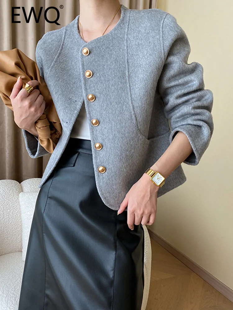 

EWQ French Style Woolen Jackets For Women 2023 Autumn New Round Neck Long Sleeve Elegant Female Coats Office Lady Tops 26D5744