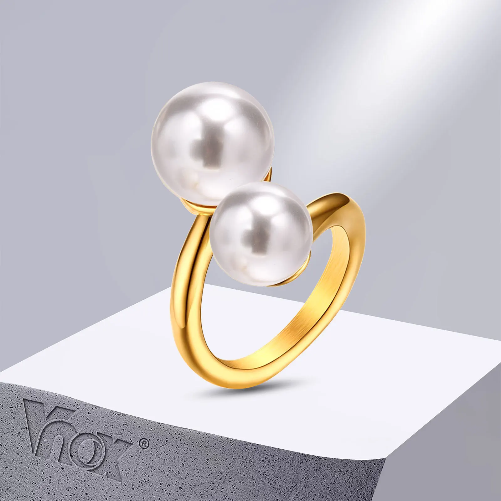 

Vnox Women Statement Ring, Gold Color Stainless Steel Finger Band, Elegant Simulated Pearl Ring