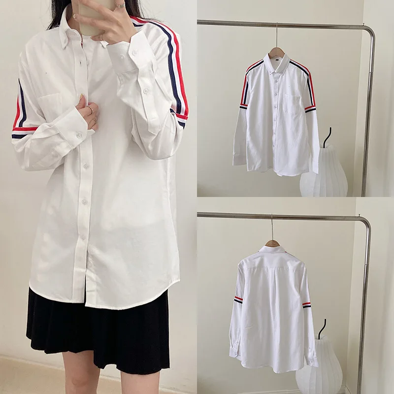 

TB Shirt 2023 New Men and Women with Oxford Long Sleeve Red, White and Blue Tricolor Shoulder Color Stripes Relaxed and Casual