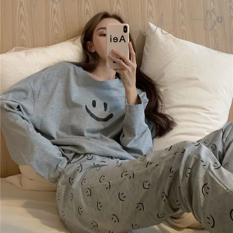 Women's Cotton Pajamas Smile Teenager Sweet Black Grey Home Clothes Warm Trouser Suits Nightgown Outfits Sleepwear Autumn Winter