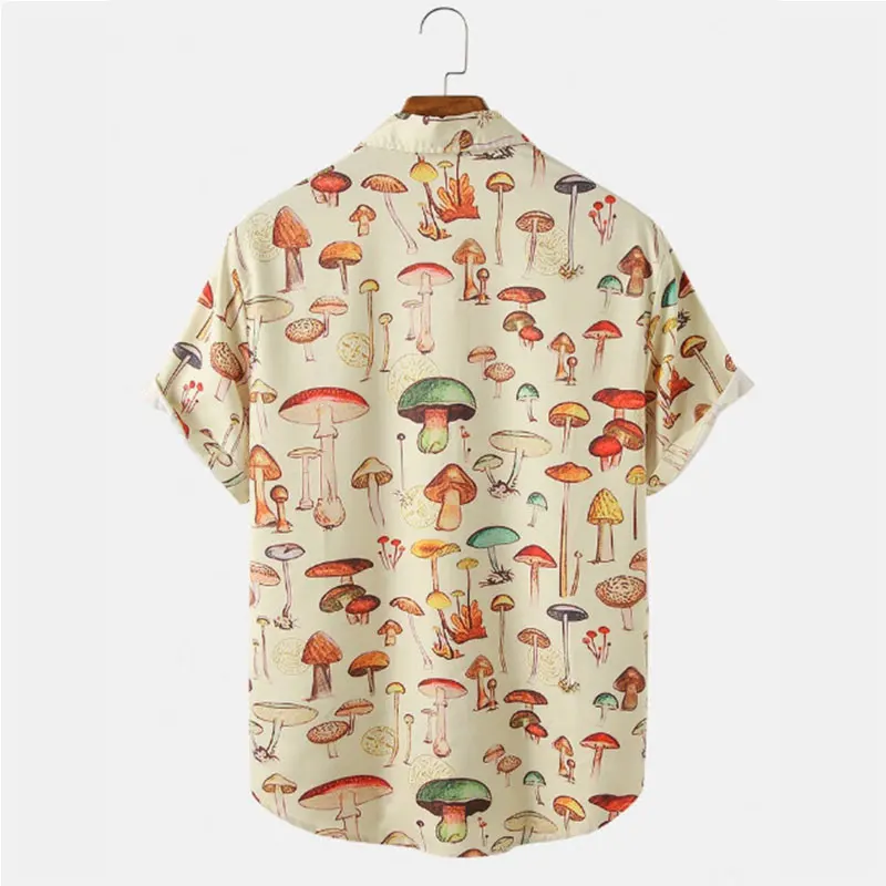 

Гавайская уличная мода, летняя мужская футболка, короткая рубашка, рукава, мультяшный лацкан, модная печать, пуговицы, грибы