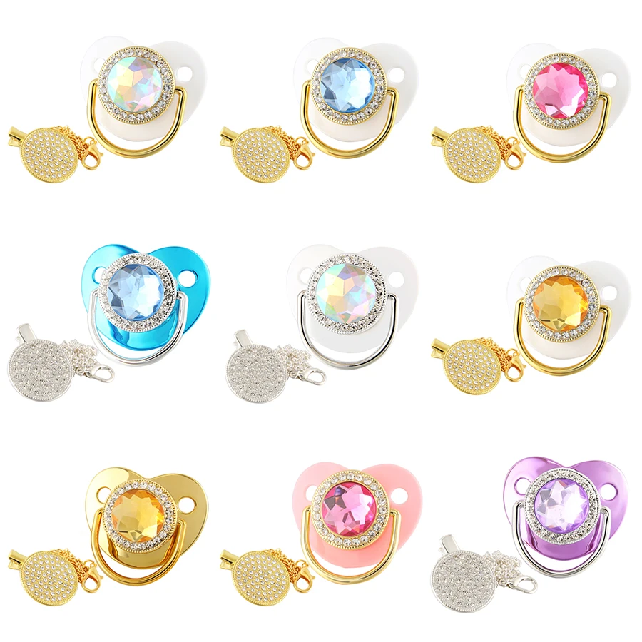 

Rhinestones Baby Pacifier and Pacifier Clips Silicone Infant Nipple Gold Bling Newborn Dummy Soother Chupetes de lujo BPA Free