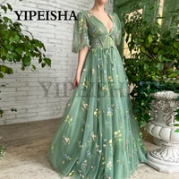 green v neck a line evening dresses half sleeve floor length lace flowers prom gown see through long party dress robe de soir%c3%a9e