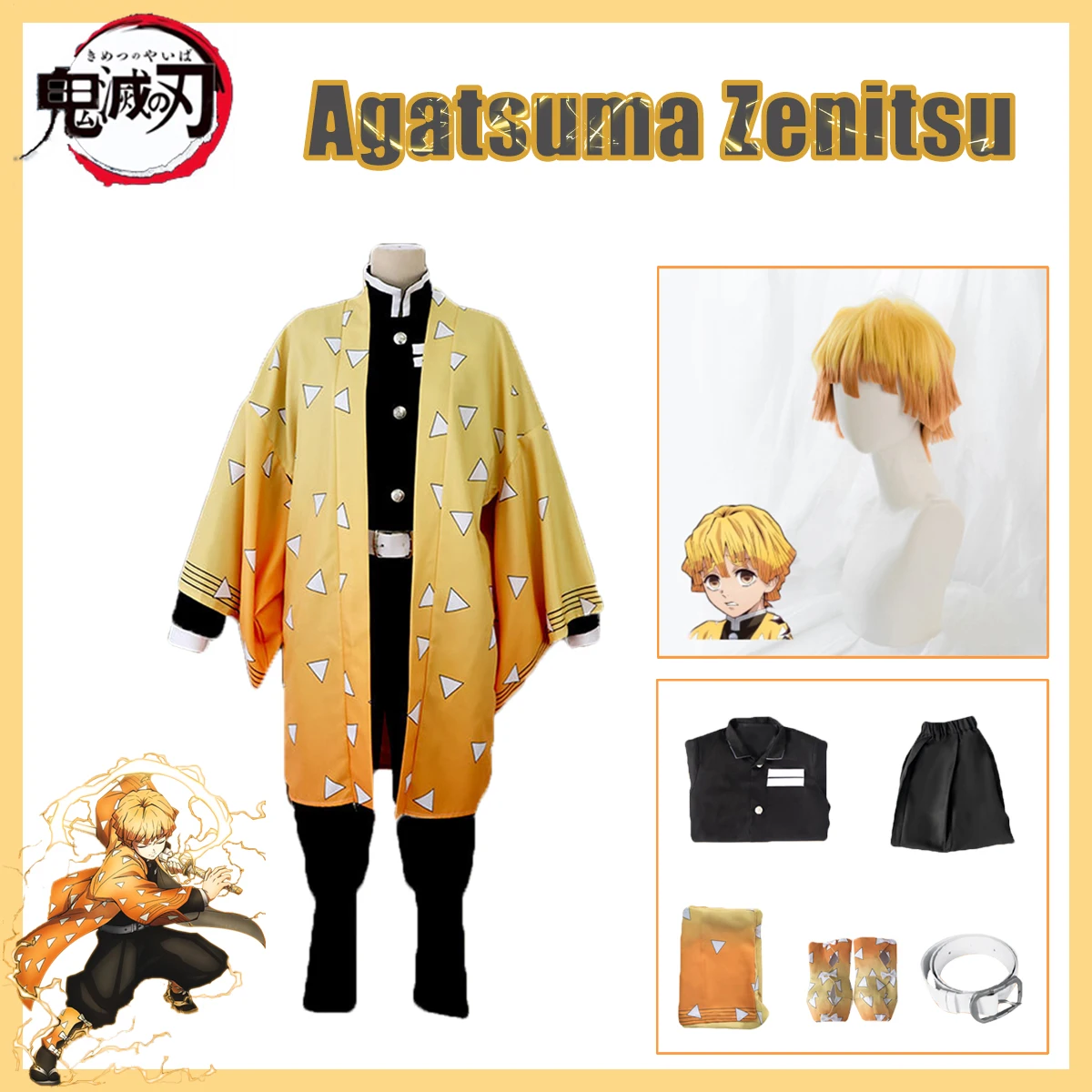 Anime Demon Slayer Agatsuma Zenitsu Cosplay Kimetsu no Yaiba Costume Kimono Uniform Clothes Props Set