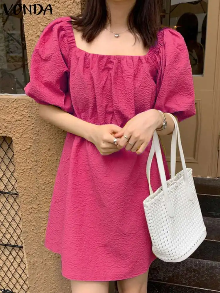 

VONDA Elegant Solid Color Mini Dress Women Sexy Puff Sleeve Summer Mini Sundress 2023 Casual Loose Square Collar Beach Robe