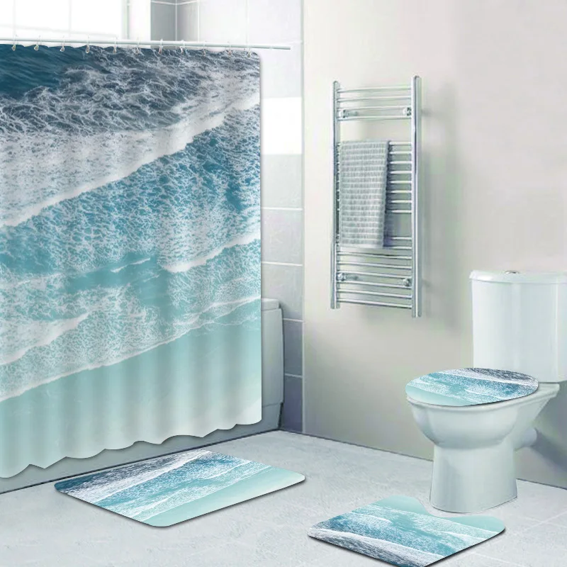 

Stylish 3D Caribbean Ocean Sea Foam Water Waves Shower Curtain Set for Bathroom Blue Seaside Scenery Bathtub Mats Rugs Toilet