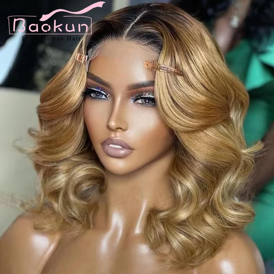 Honey Blonde Ombre Body Wave Lace Front Wig Transparent 360 Lace Frontal Wig Glueless 13x6 Short Bob Human Hair Wigs For Women