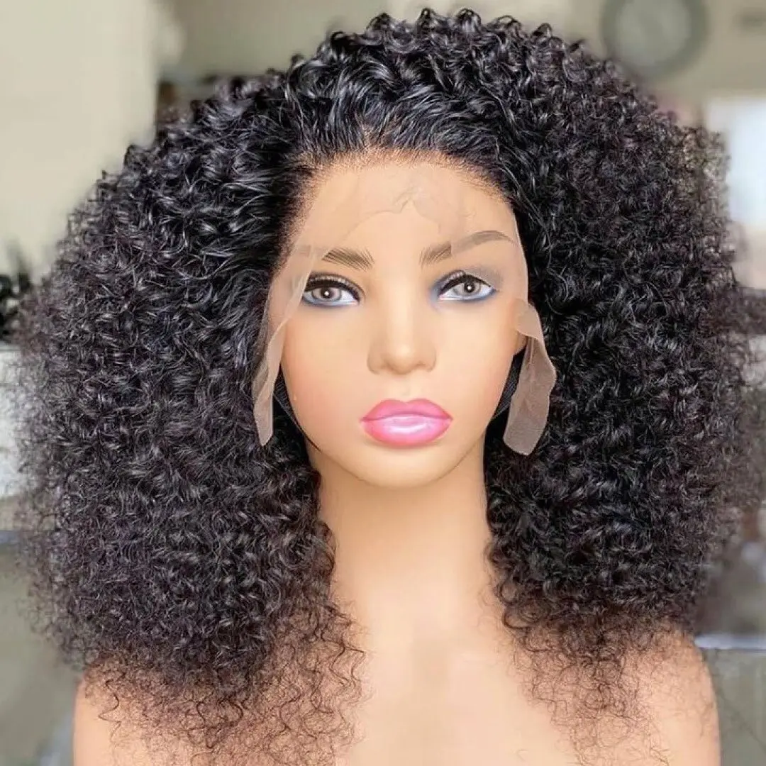 180%Density 26Inch Natural Color Short Kinky Curly Glueless Side Part Lace Front Wig For Women With Baby Hair Natural Hairline