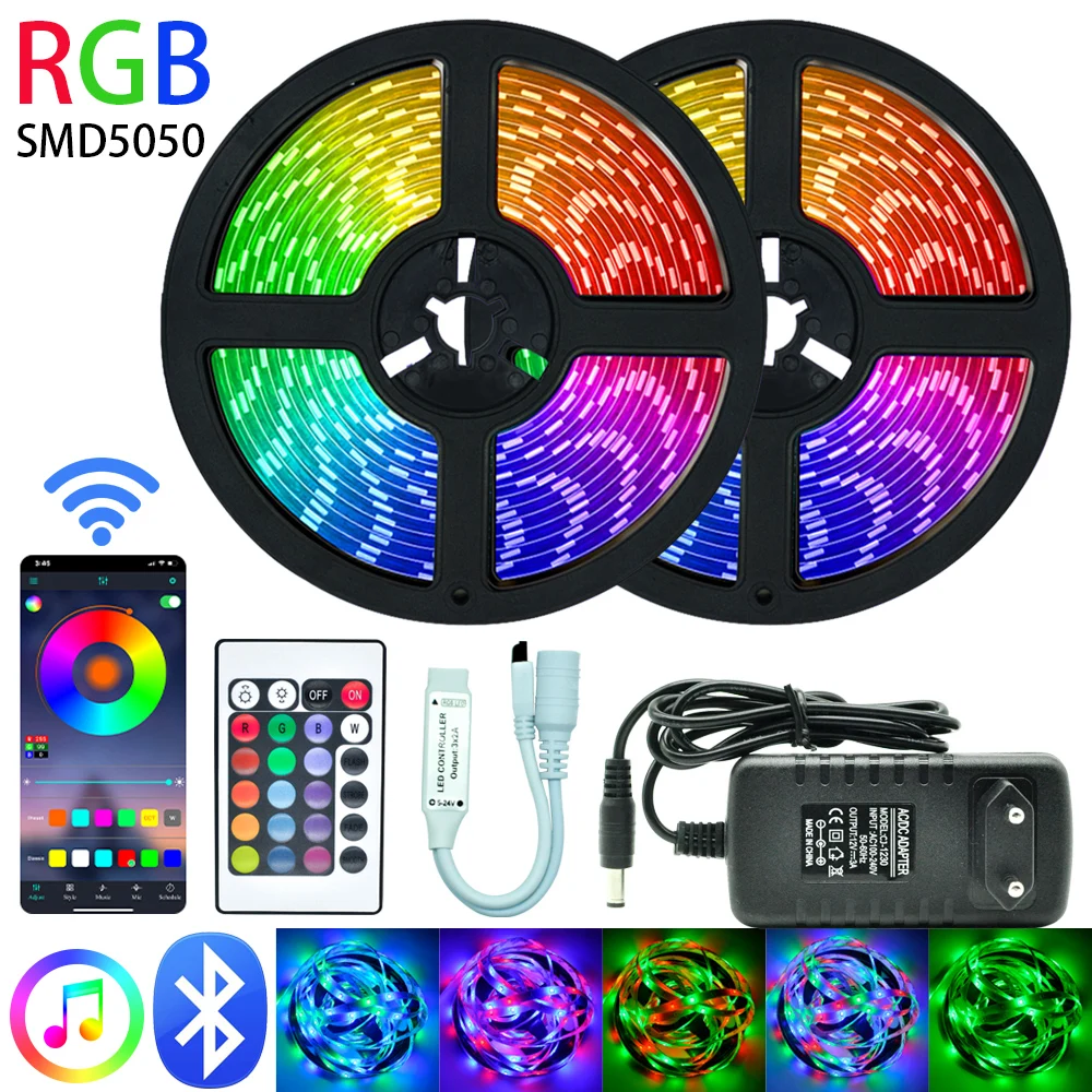 

LED Strips Lights Bluetooth Luces Led RGB 5050 SMD 2835 Flexible Waterproof Tape Diode 5M 10M 15M DC 12V Remote control+ adapter