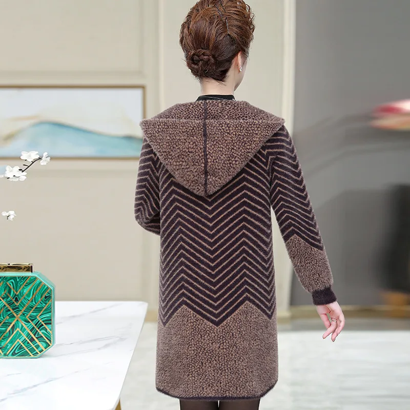 New Middle aged Woman Mother Imitation Mink Cashmere Coat Winter Hooded Thick Sweater Cardigan Jacket Faux Mink Fur Outerwear