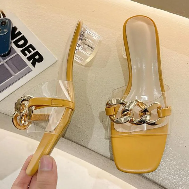 

Fashion PVC Women Shoes Summer Square Heel Gold Chain Peep Toe Slippers Shallow
