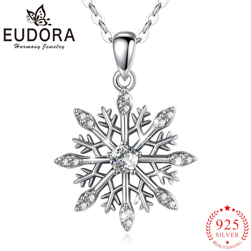 

Eudora 925 Sterling Silver Popular Snowflake Necklace Shiny AAA Zirconia Pendant Elegant Woman Jewelry Party Christmas Gift