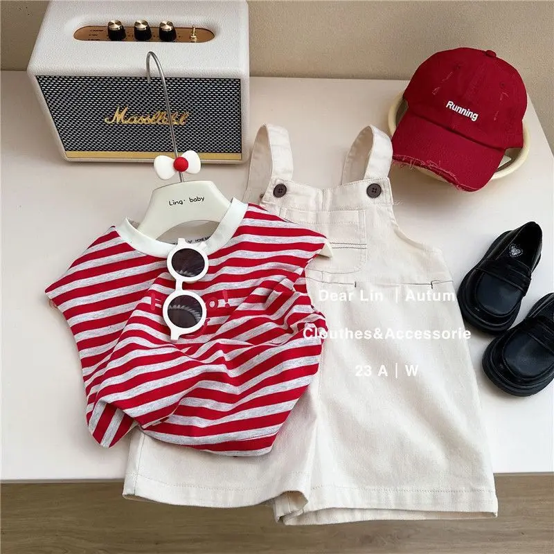 

Детский летний костюм в Корейском стиле, футболка без рукавов, подтяжки, белый полосатый жилет, Модный новый дизайн для детей, 2023