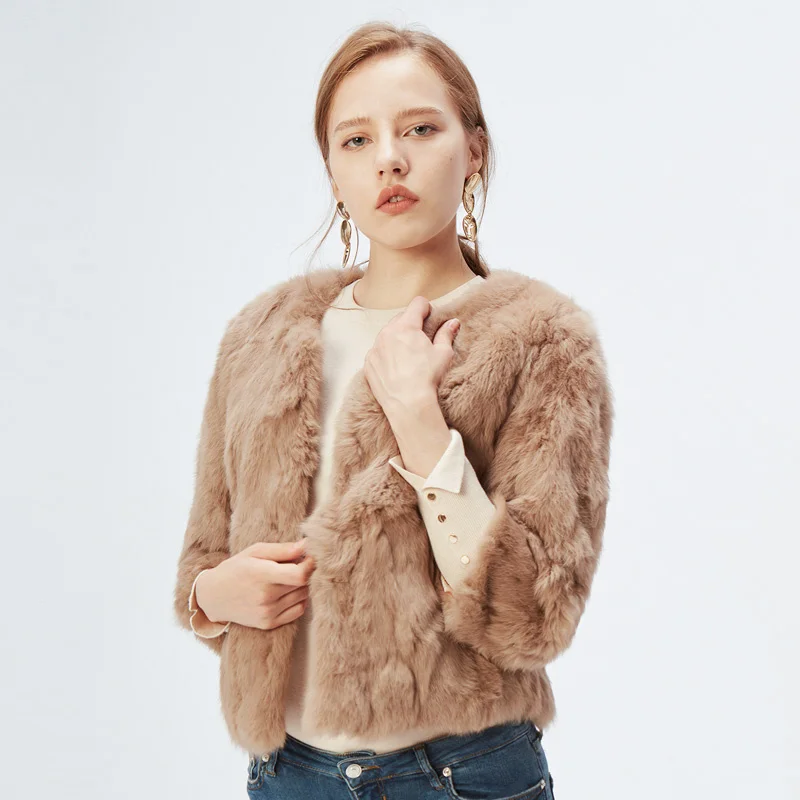 Full Fur Coat Women Design Rabbit Fur Coat Natural Full Fur Coat O Neck Fashion Slim Thin Rabbit Fur Coat