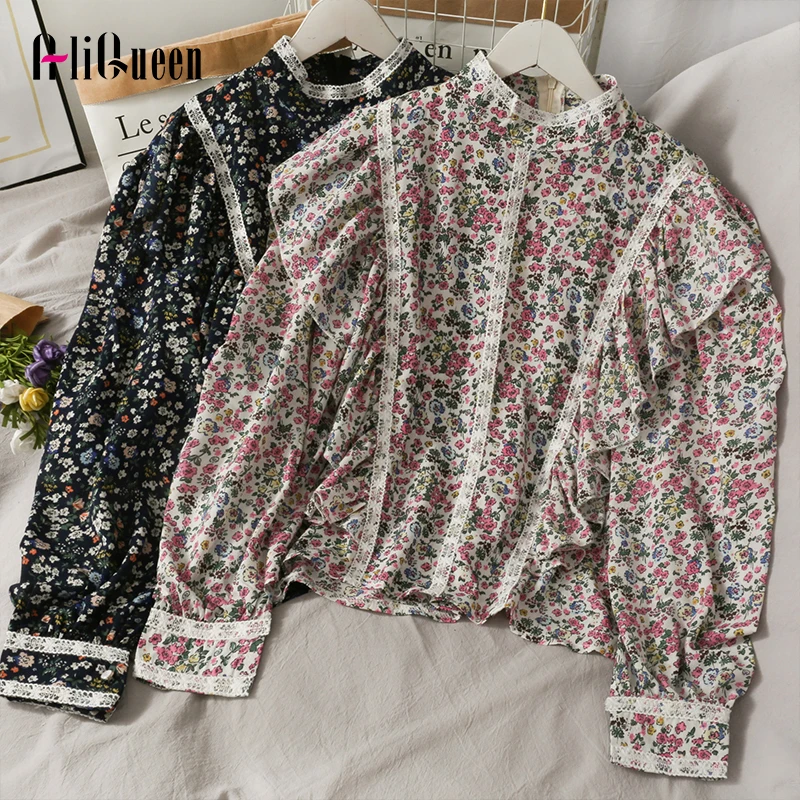 

Spring Clothing Women Printing Ruffle Lace Blouses Female Stand-up Collar Lantern Sleeve Loose Vintage Shirt Top Korean 2021 New