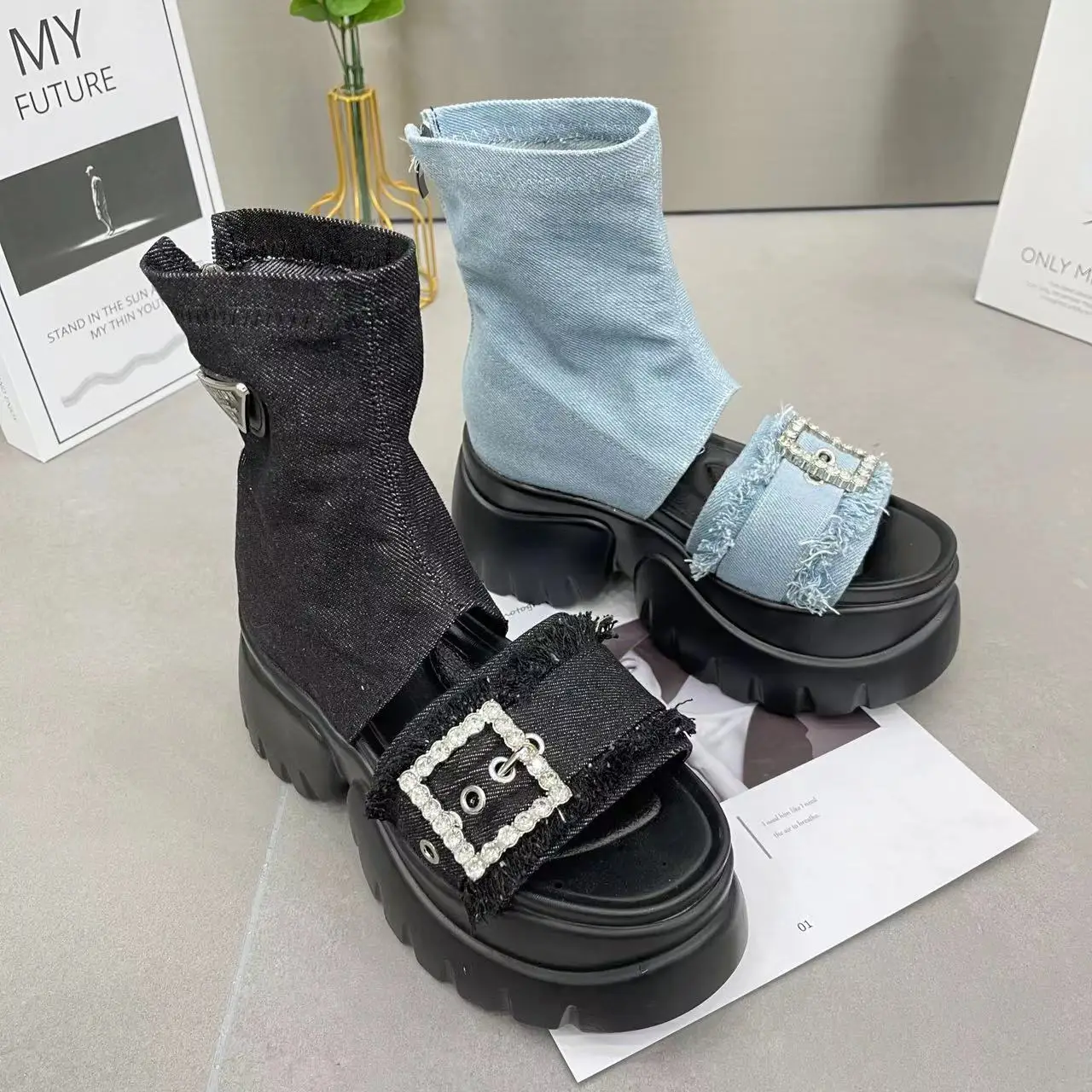 Women's Sandals 2023 Summer Ankle Denim Rhinestone Platform Muffin Super High Heel Motorcycle Boots