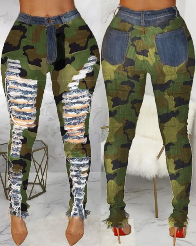 

Women Jeans 2023 Spring Fashion Trend Camouflage Print Ripped Cutout Fringe Hem Casual High Waist Skinny Long Jeans Without Bag