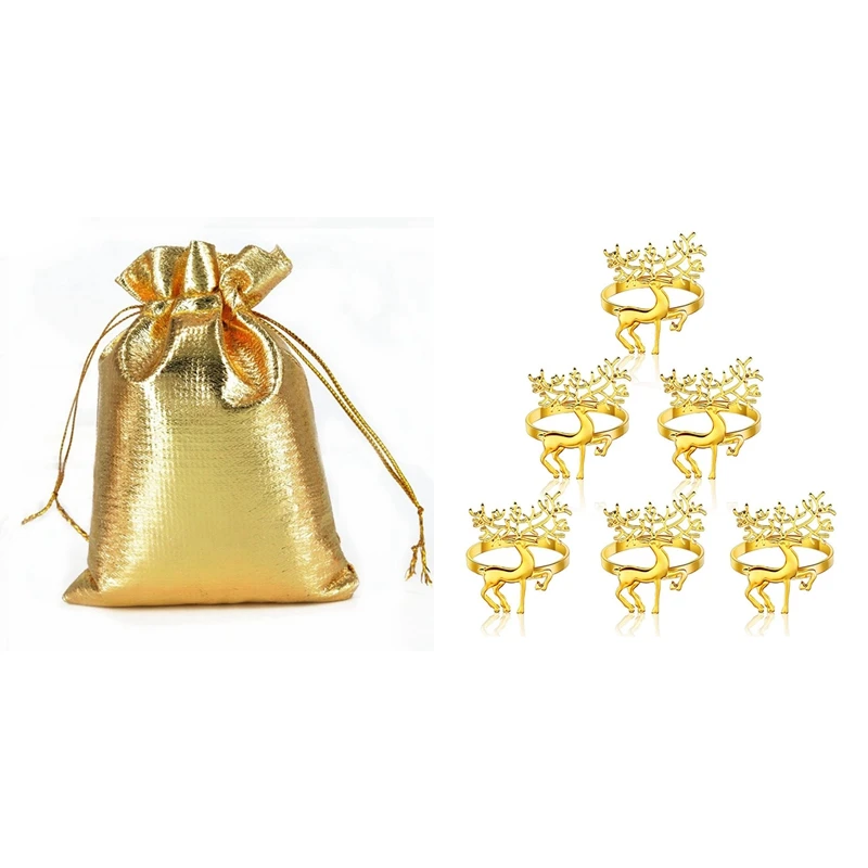 

100 Pcs Gold Foil Organza Bag & 6 Pcs Deer Napkin Rings