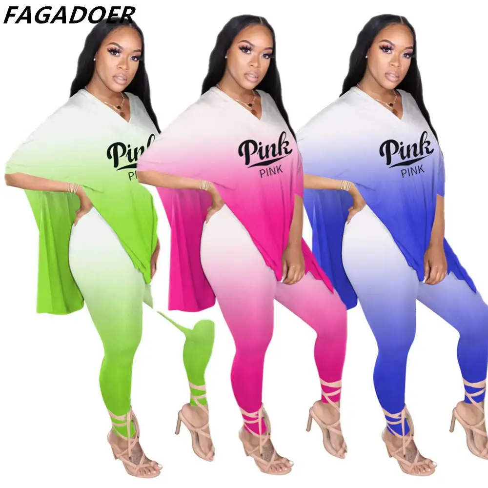 

FAGADOER Gradient PINK Print Two Piece Sets Women V Neck Side Higt Slit Top And Legging Pants Tracksuits Fashion 2pcs Outfits