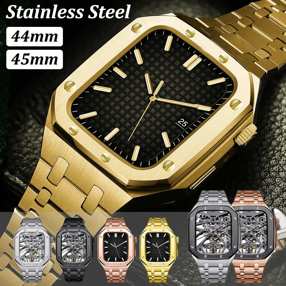 

Luxury Metal Case Strap Set For iWatch Series se 44mm 45mm Stainless Steel Cover Band Modification Kit For Apple Watch 7 6 5 4