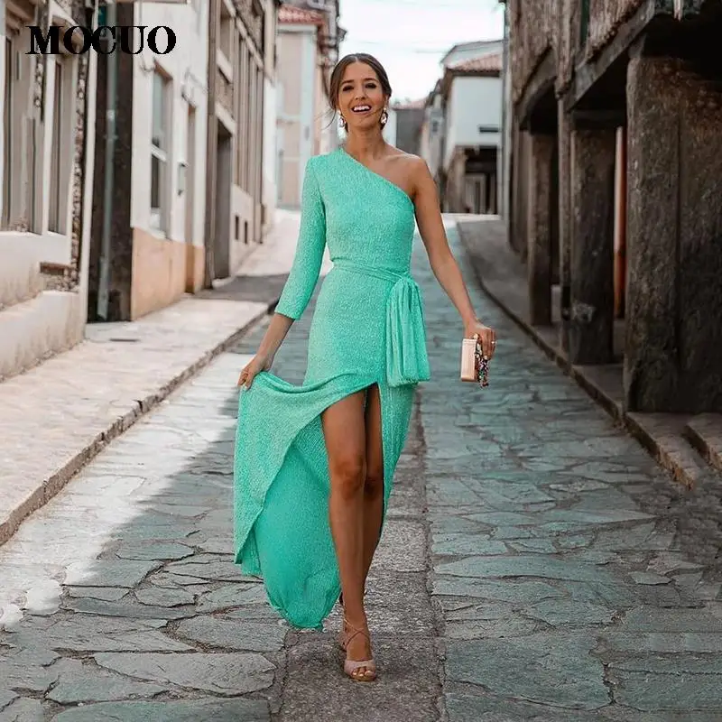 

Gorgeous Mint One Shoulder Prom Dresses Long Sleeves Sequined New Arrival Mermaid HI-LO Evening Dress Plus Size Party Dress
