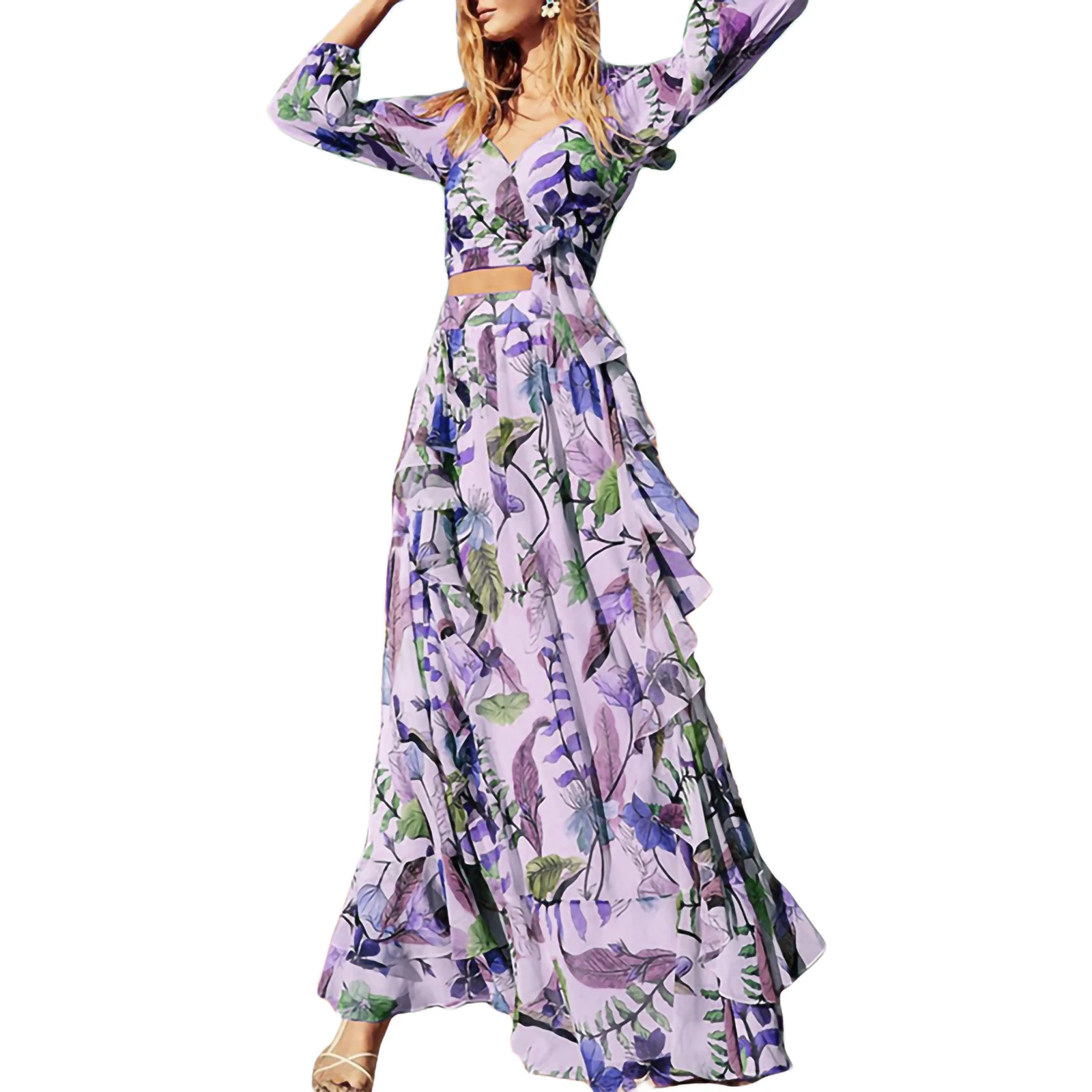 

Женский костюм из двух предметов, укороченный Топ с длинным рукавом и V-образным вырезом и длинная юбка-трапеция с цветочным принтом, весна-о...