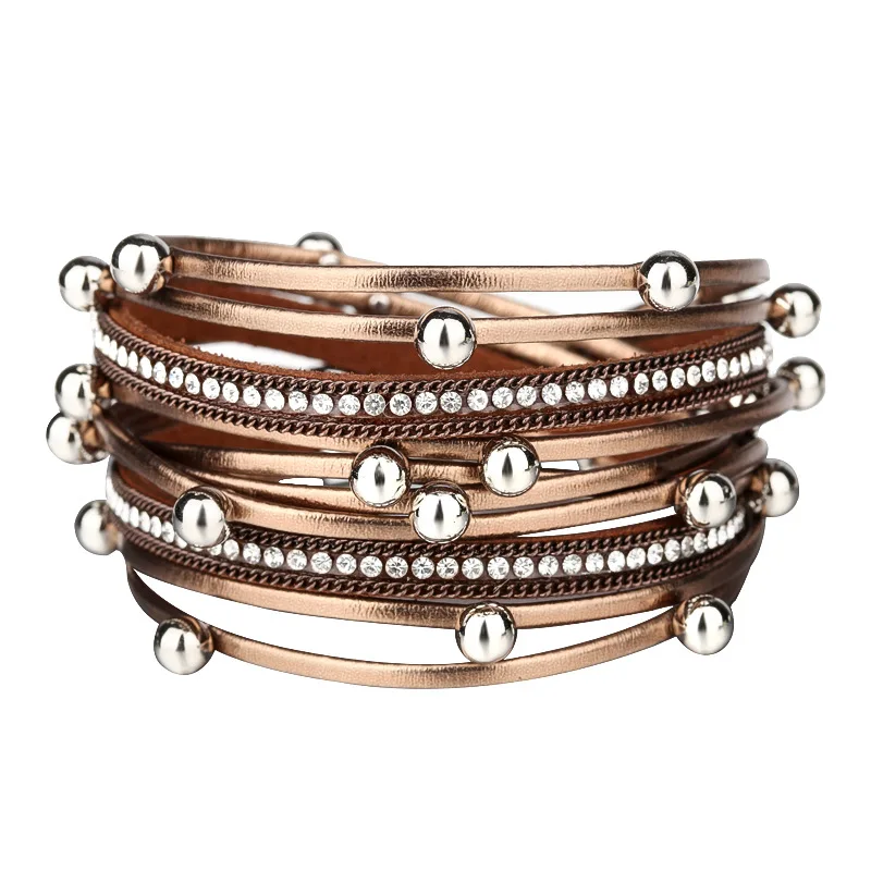 

Wholesale Gift Hot Multi-Layer Pearl Leather Bracelet Bangle With Stone Magnetic Snap Jewelry