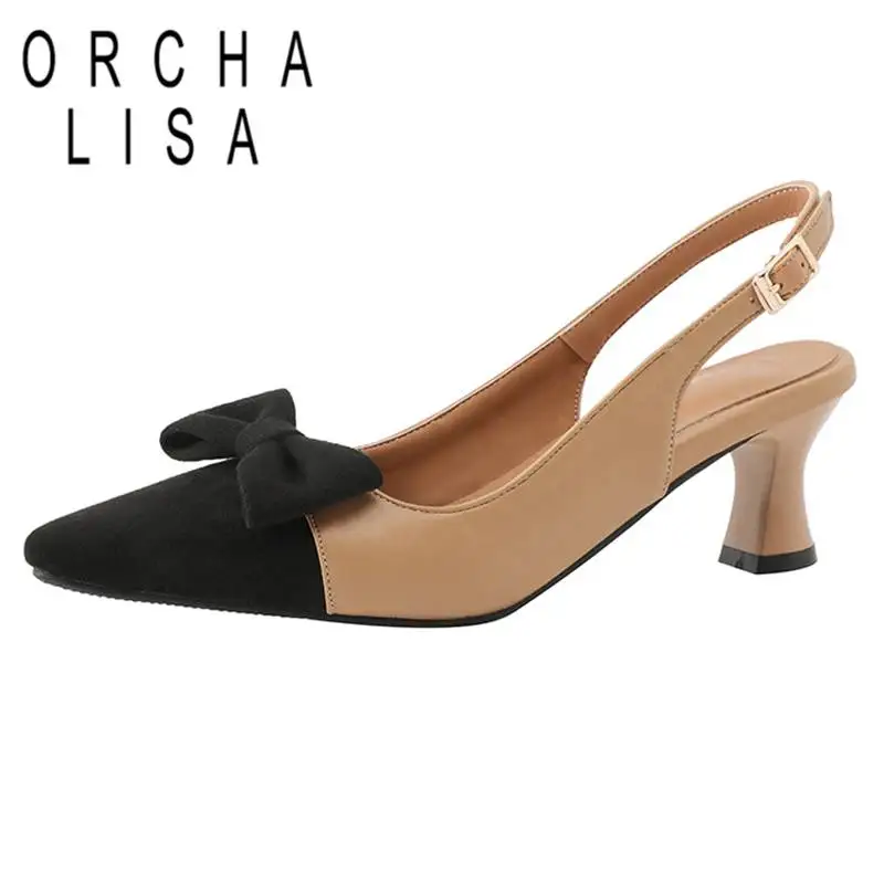 

ORCHA LISA Women Sandals Pointed Toe Strange Heels 5.5cm Back Buckle Strap Plus Size 44 45 46 Elegant Dating Shoes Mixed Bowknot