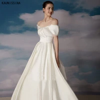 kaunissina elegant satin a line wedding dress off the shoulder long beach boat neck bridal gowns custom made robe de mariee