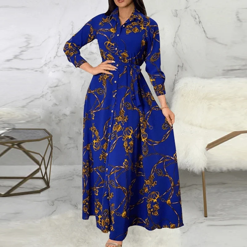 

New Vintage Lapel Long Sleeve Swing Boho Dress Casual Office Women Shirt Dress Elegant Print Single Breasted Cardigan Maxi Dress